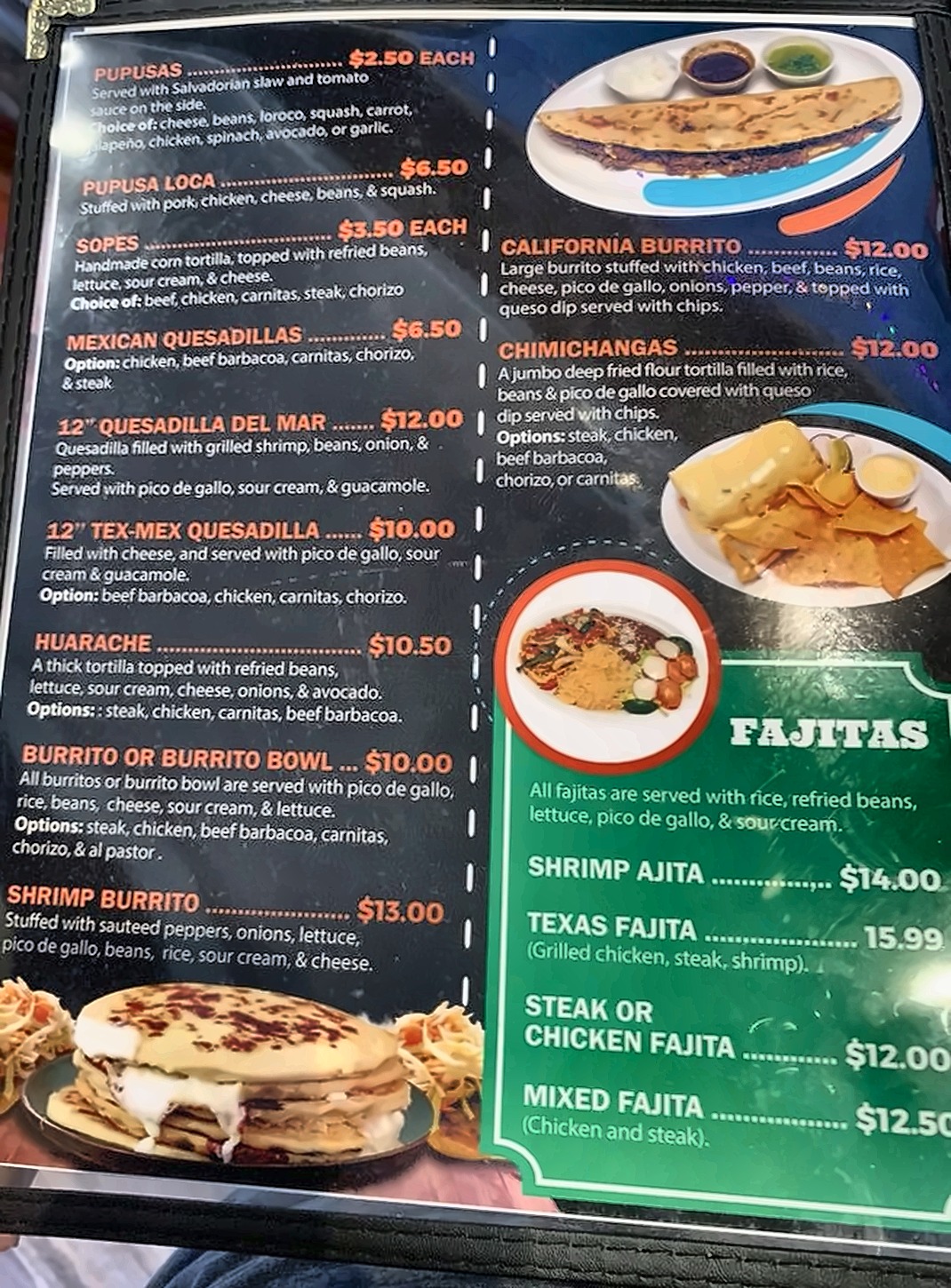 Menu — pupusas, burritos & fajitas