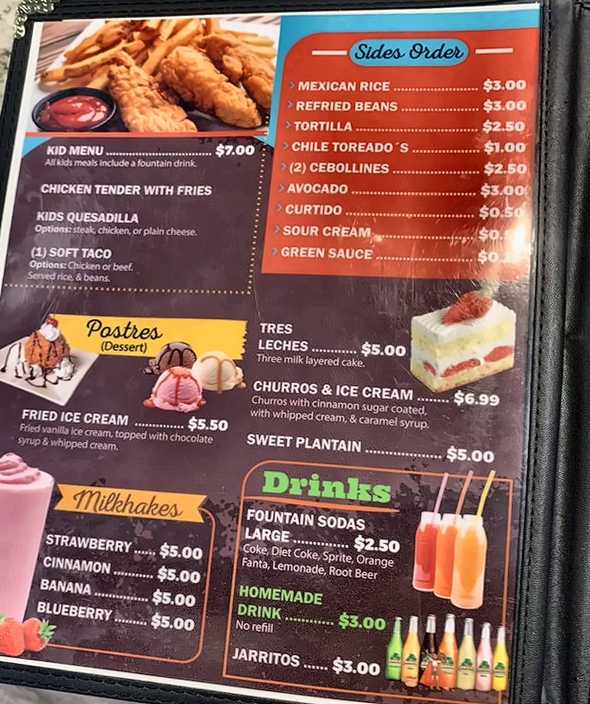 Menu — sides, desserts, milkshakes & drinks